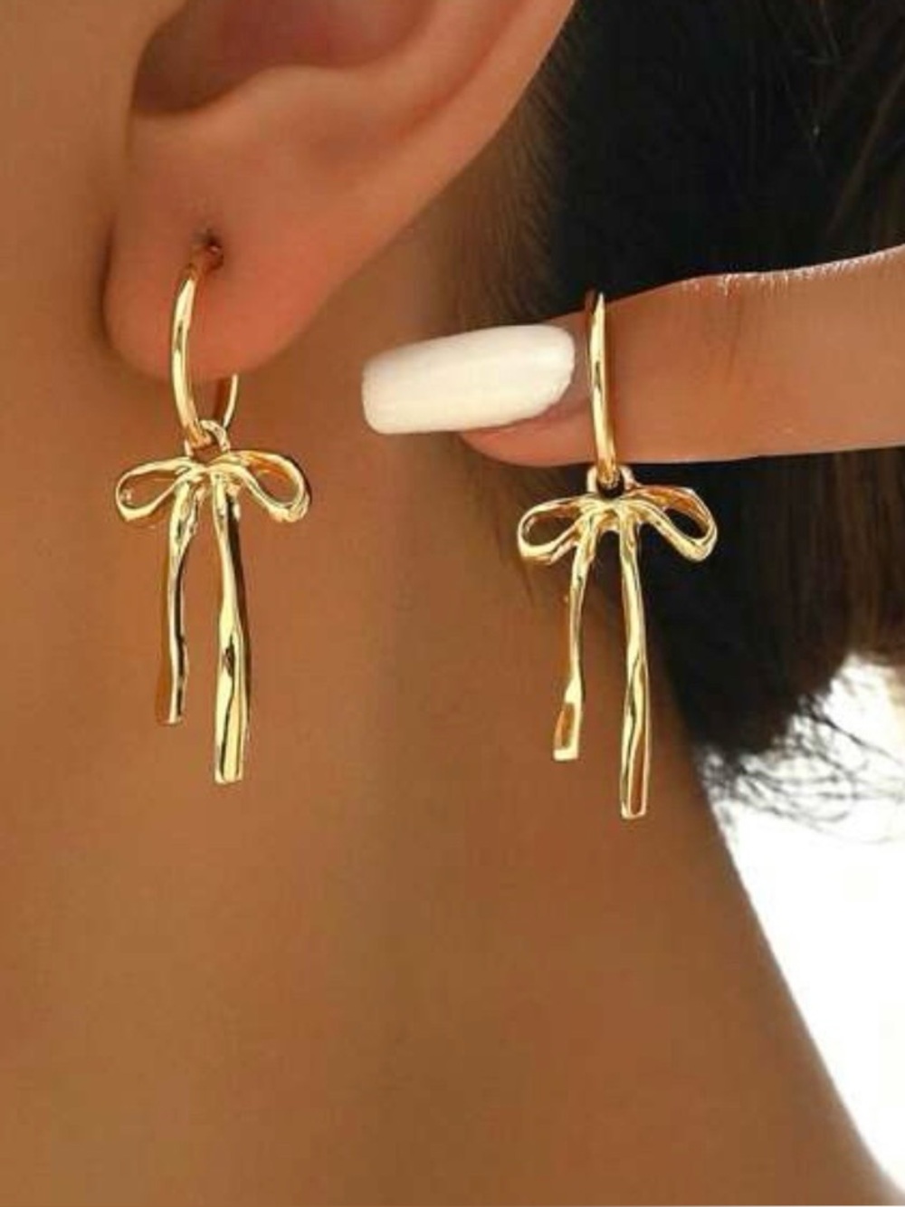 NWOT Gold Bow Drop Hoop Earrings